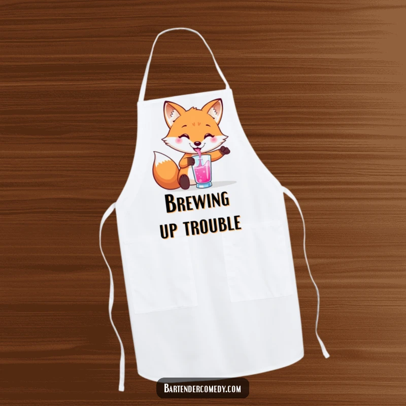 Funny apron with a smiling fox pouring a vibrant liquid into a glass, perfect for kitchen or bar.