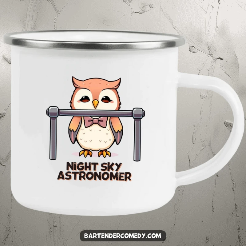 Funny cute owl wearing a bowtie behind a polished bar on this sturdy camping mug.
