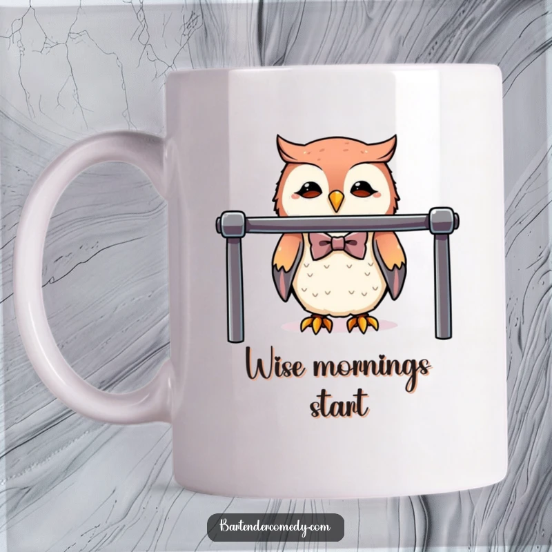 Funny cute owl in a tiny bowtie, expertly tending a polished bar, making this mug a classy gift.