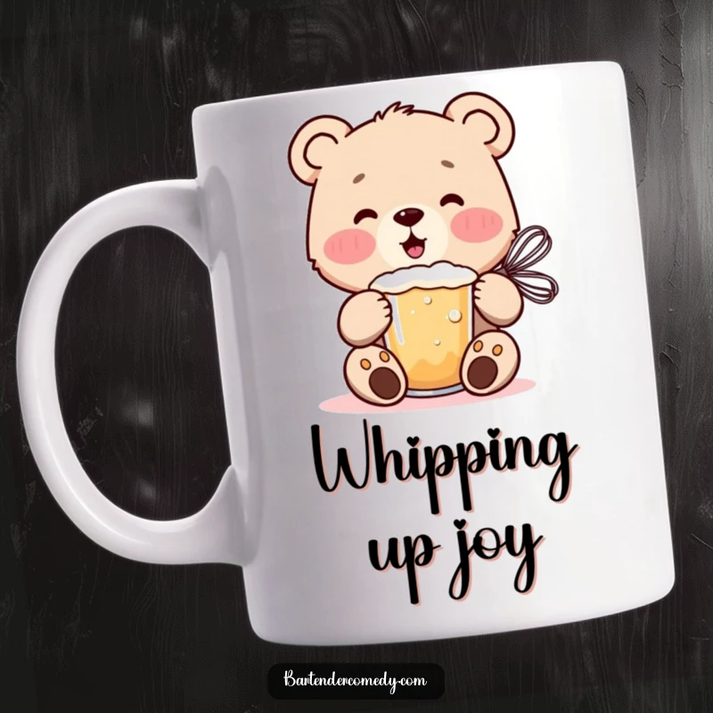 Funny cheerful bear cub energetically mixing a frothy drink with a whisk, featured on this happy mug.