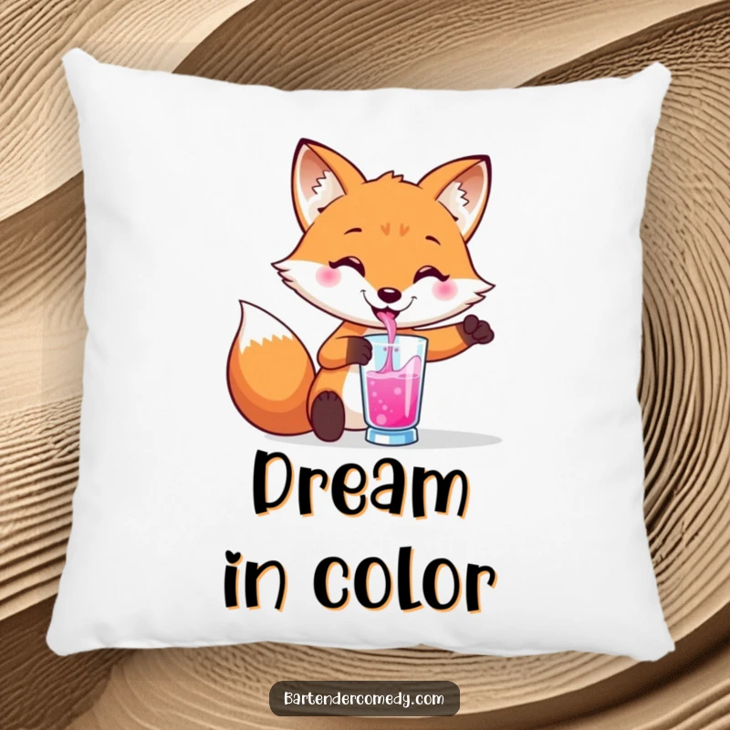 Funny pillow featuring a smiling fox pouring a colorful drink into a glass, adding cozy charm.
