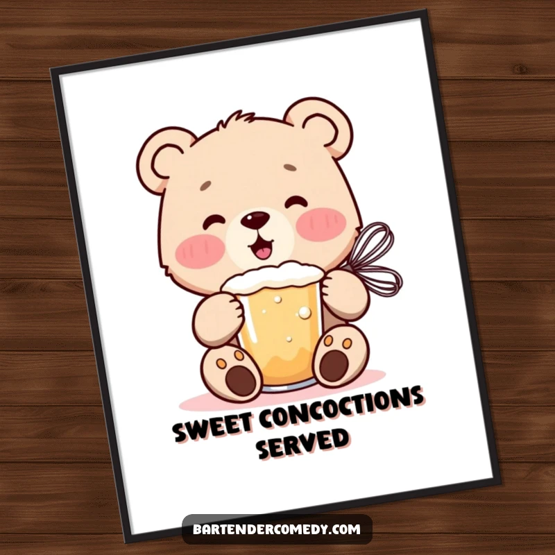 Funny cheerful bear cub energetically mixing a frothy drink with a whisk, displayed as whimsical art.