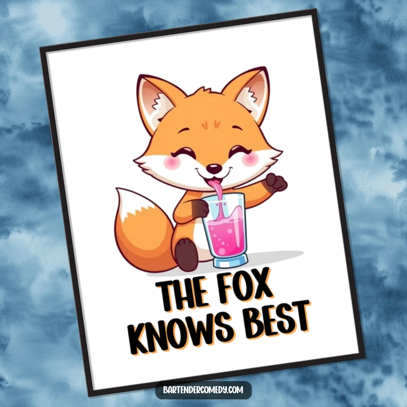 Funny free printable wall art: A smiling fox pours a bright liquid into a glass, creating a festive atmosphere.