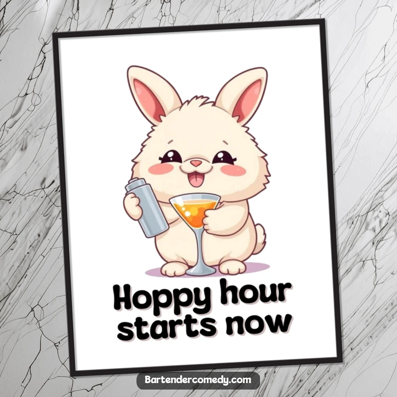 Funny free printable wall art: A fluffy rabbit with a wide grin enthusiastically shakes a cocktail shaker, ready to mix drinks.