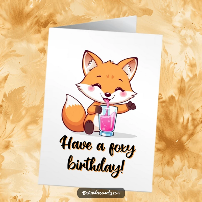 Funny free printable birthday card: A smiling fox cheerfully pours a bright liquid into a glass, ready for celebration.