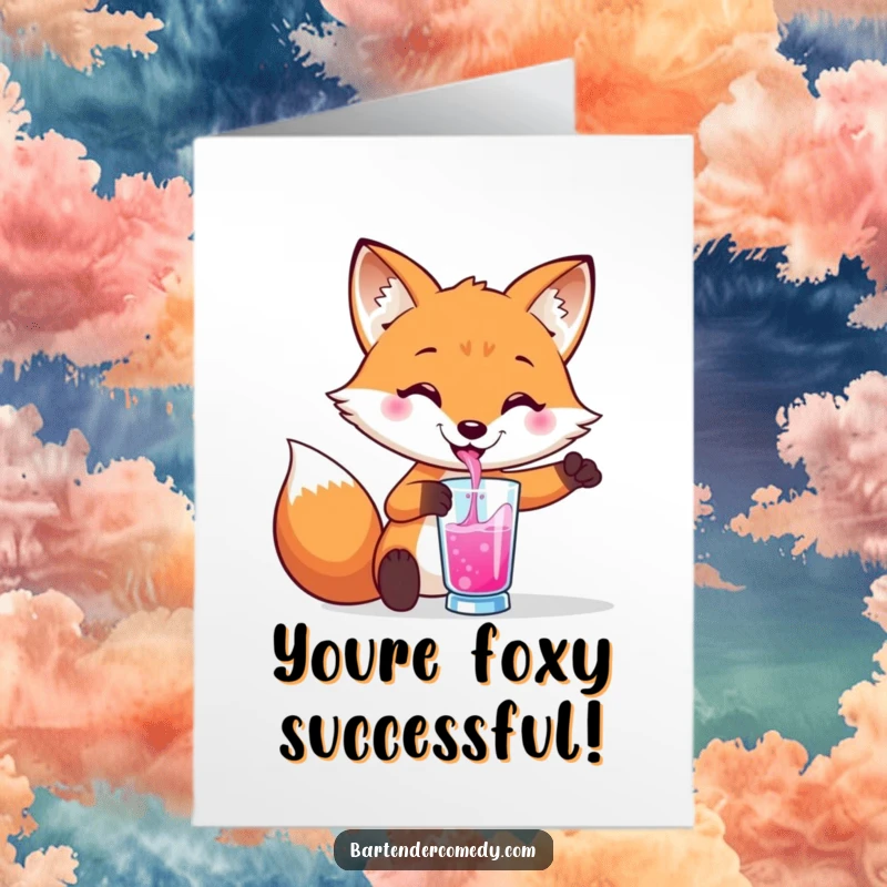 Funny free printable congratulations card: A smiling fox confidently pours a colorful drink into a glass, toasting success.