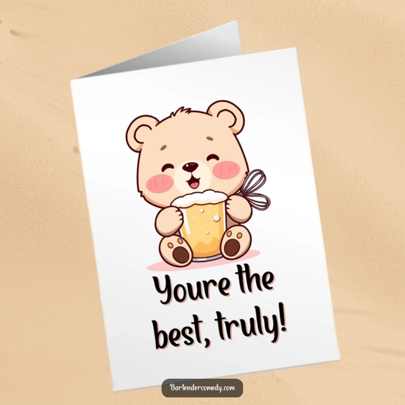 Funny Free Printable Bear Cub Congrats Card, a cheerful bear cub whisking a frothy drink, celebrating a success.