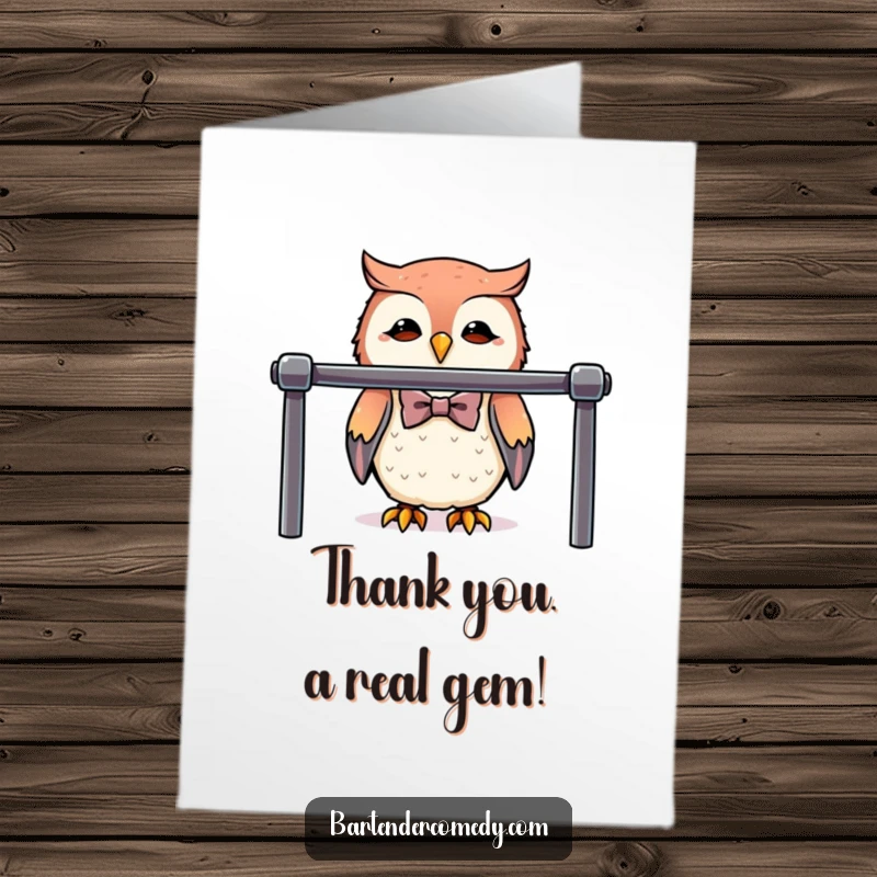 Funny Free Printable Owl Bartender Thank You Card, a cute owl in a bowtie behind a bar, offering thanks elegantly.