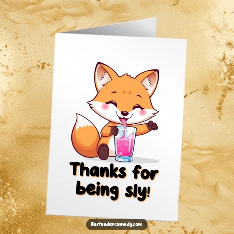 Funny free printable thank you card: A happy fox pours a vibrant liquid into a glass, expressing thanks.