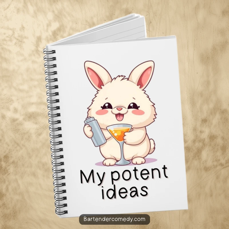 Funny notebook with a smiling fluffy rabbit holding a cocktail shaker, perfect for taking notes with style.
