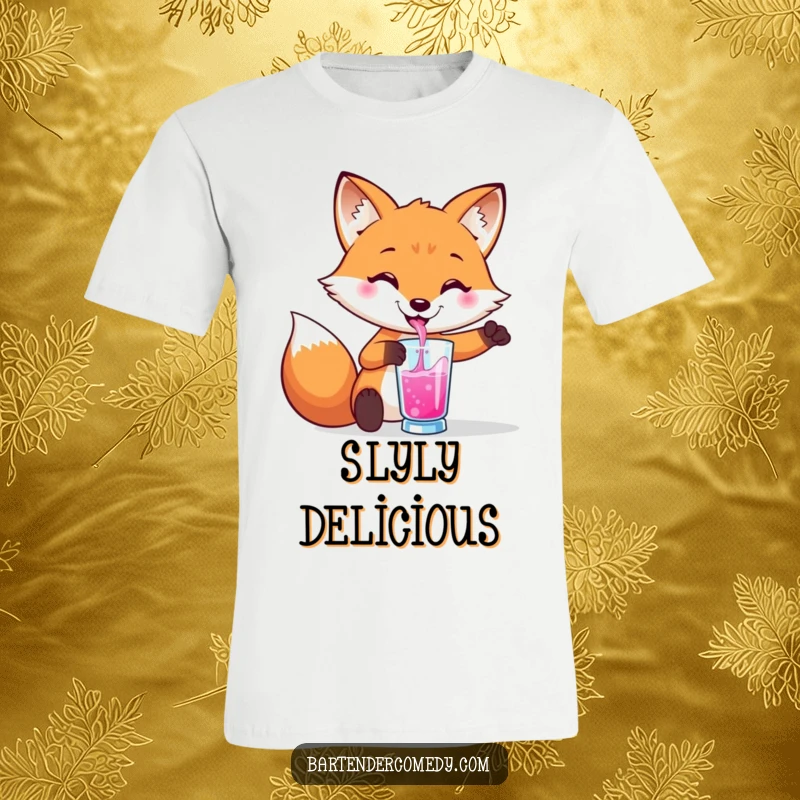 Funny T-Shirt featuring a smiling fox artfully pouring a vibrant liquid into a glass, perfect for hosts.