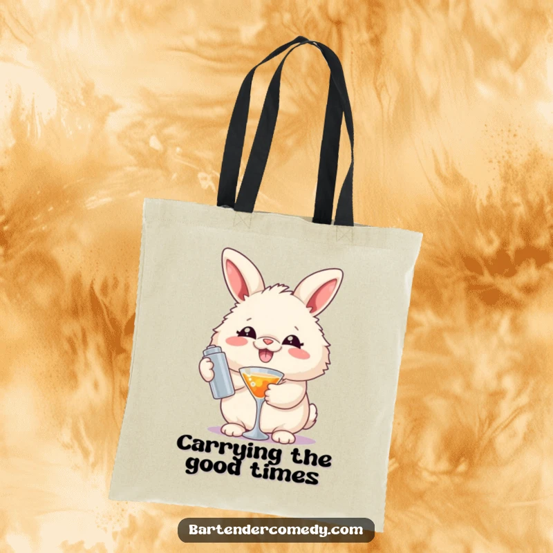 Funny tote bag with a smiling fluffy rabbit holding a cocktail shaker, ideal for carrying essentials with flair.